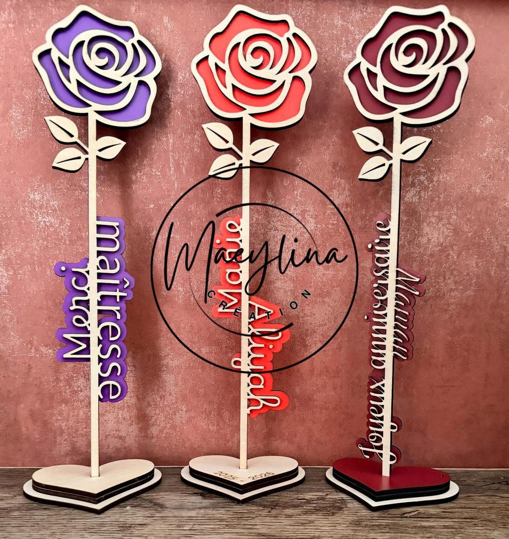 Rose personnalisée en bois – Prénom(s) en relief 🌹