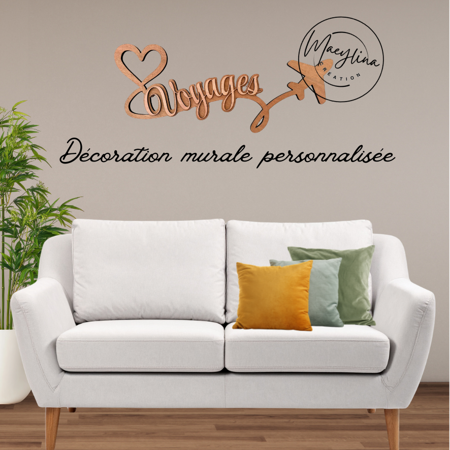 Décoration murale “Voyage” en bois – Design avion en relief personnalisable